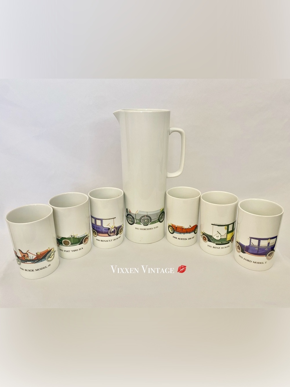 VINTAGE 1960'S HAVILAND 'CLASSIC CARS' 7-PIECE PITCHER & TUMBLER SET IN WHITE